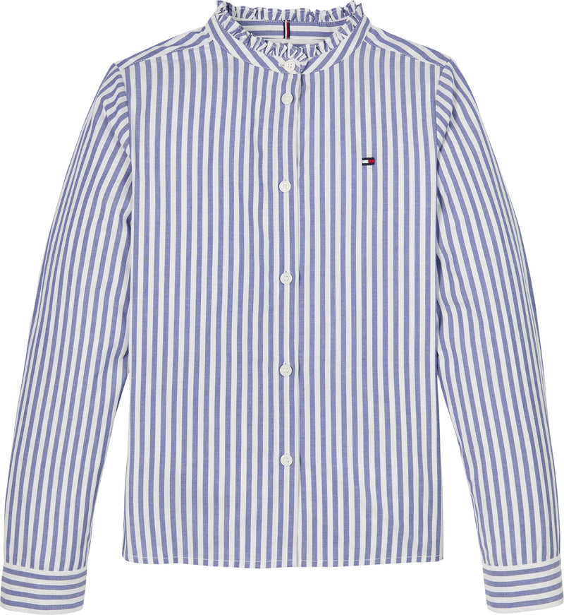 Tommy Hilfiger Ruffle Collar Skjorte - Mid Blue Stripe