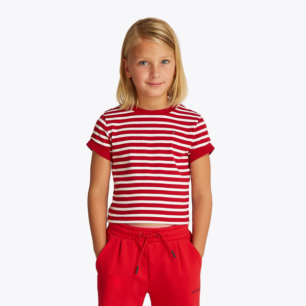 RUFFLE STRIPE TOP SS - Primary Red Stripes